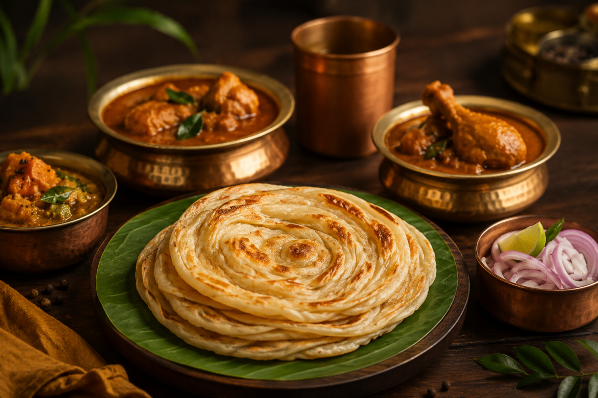Flaky parotta served with a rich curry