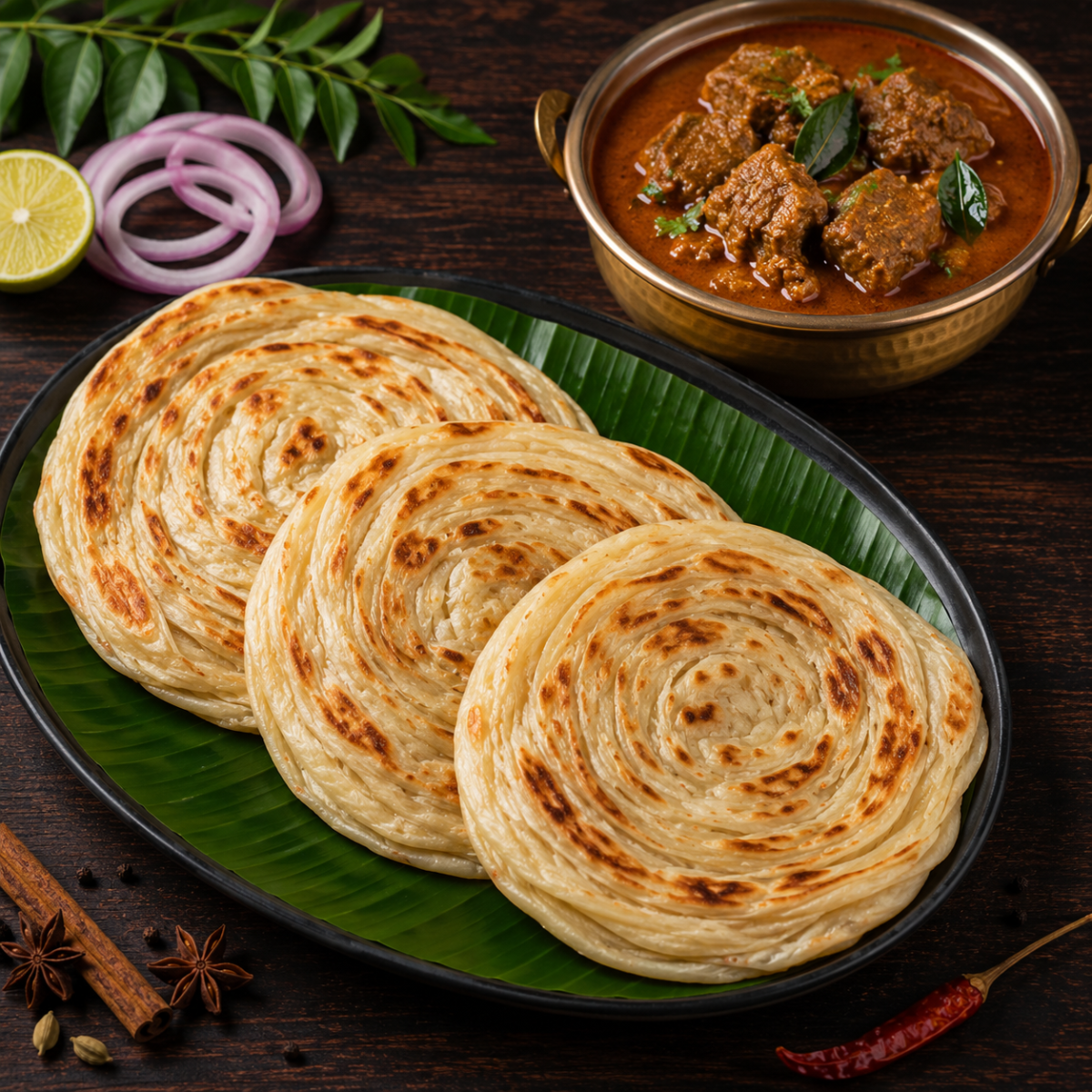 Ghee parotta served with rich spiced curry