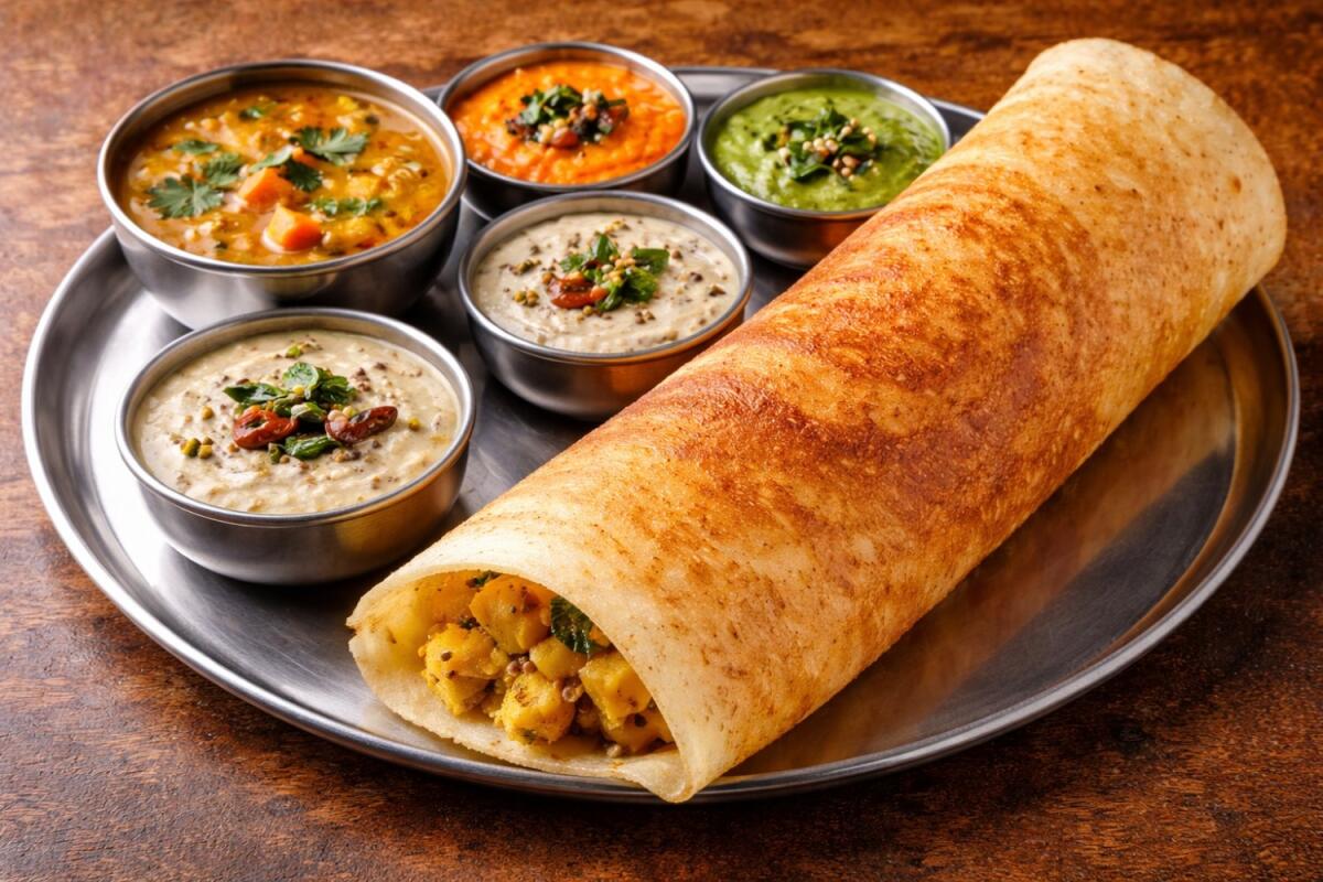 Crispy Kal Dosa on banana leaf with sambar and chutney