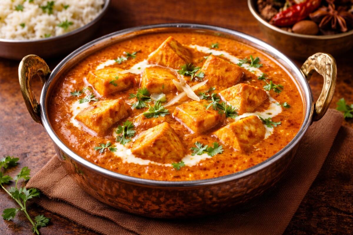 Chettinad-style curries with meat on a plate